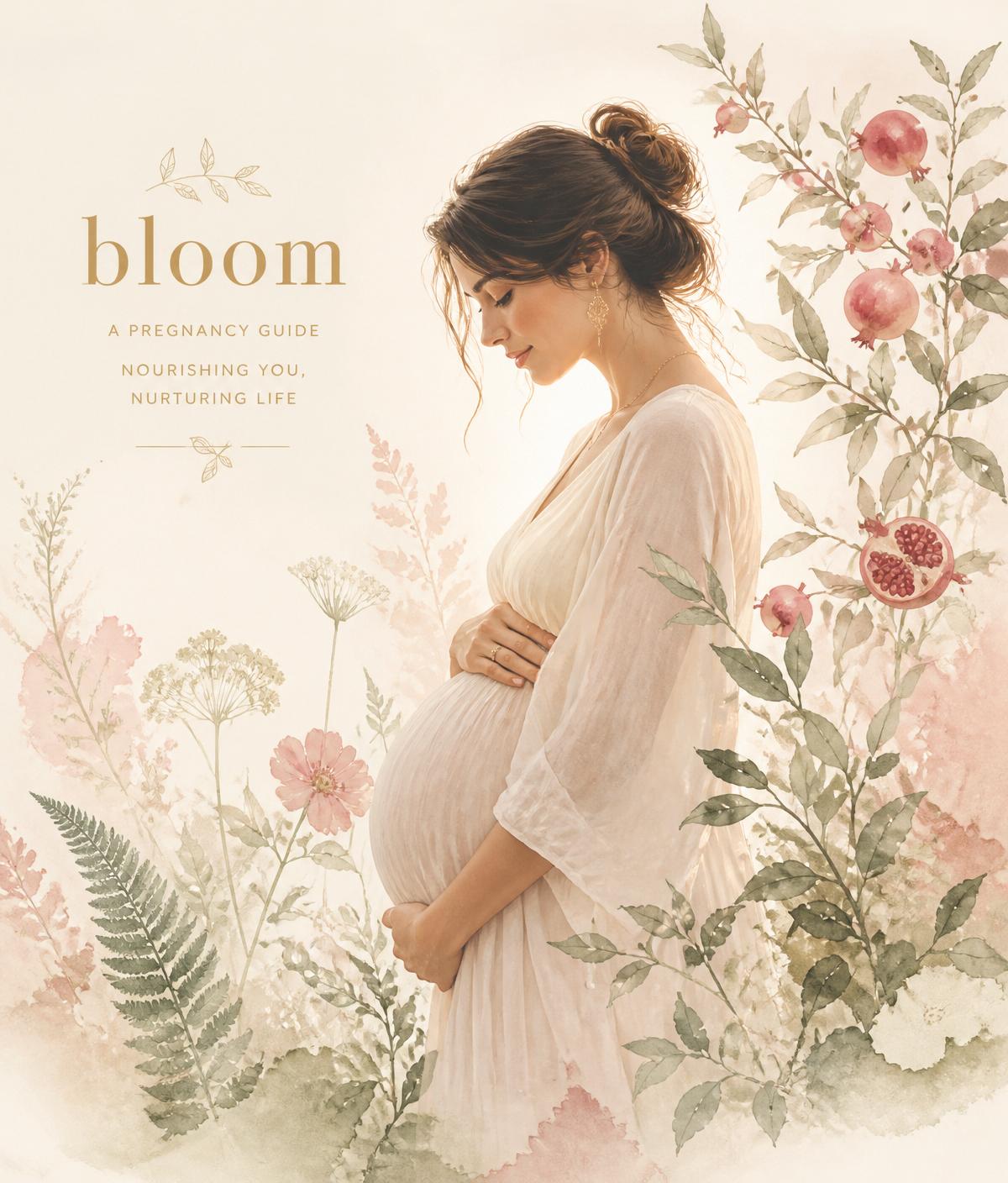 Serene pregnant woman surrounded by botanical illustrations